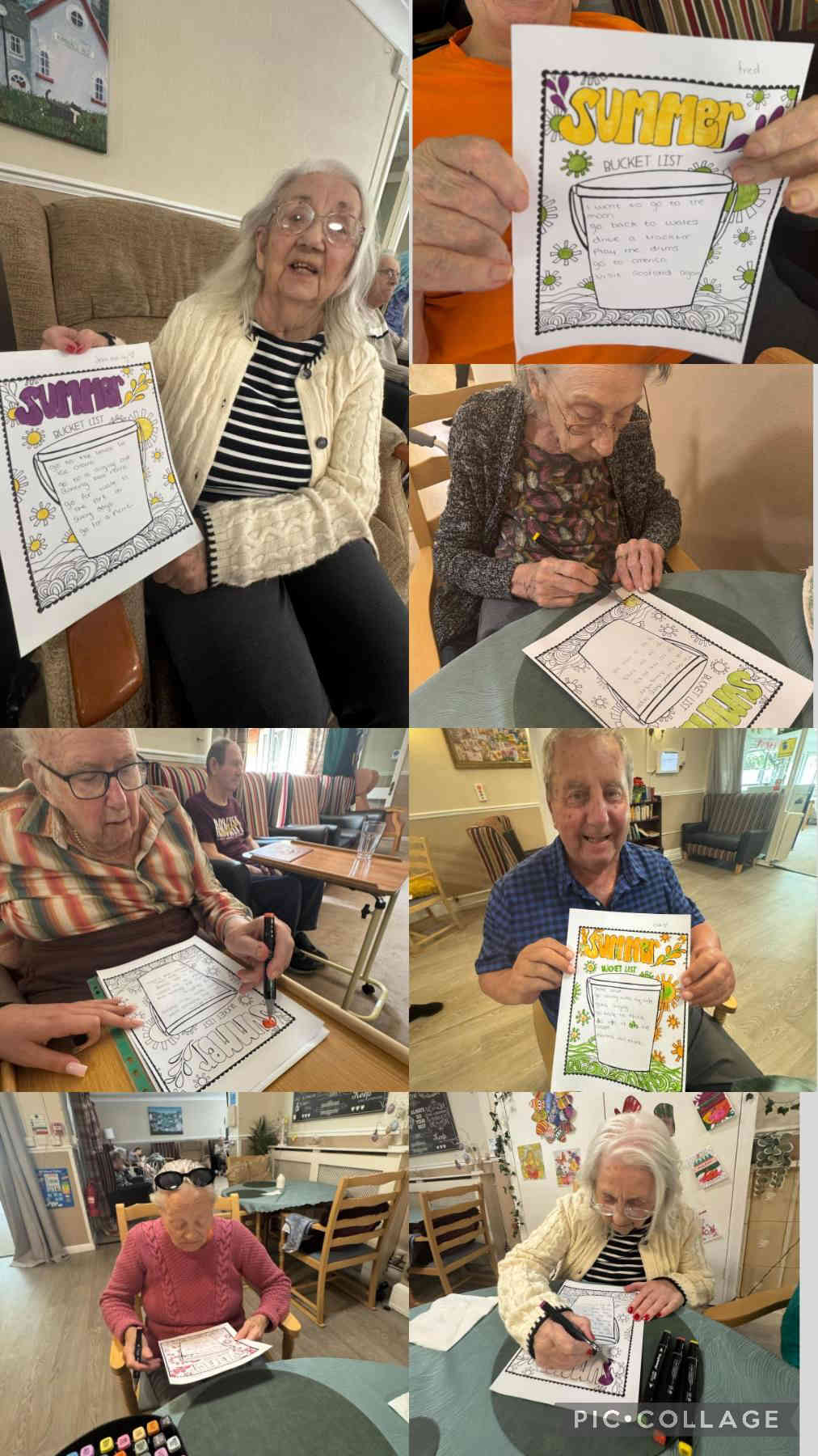Residents creating and colouring their summer bucket lists during a creative activity session.