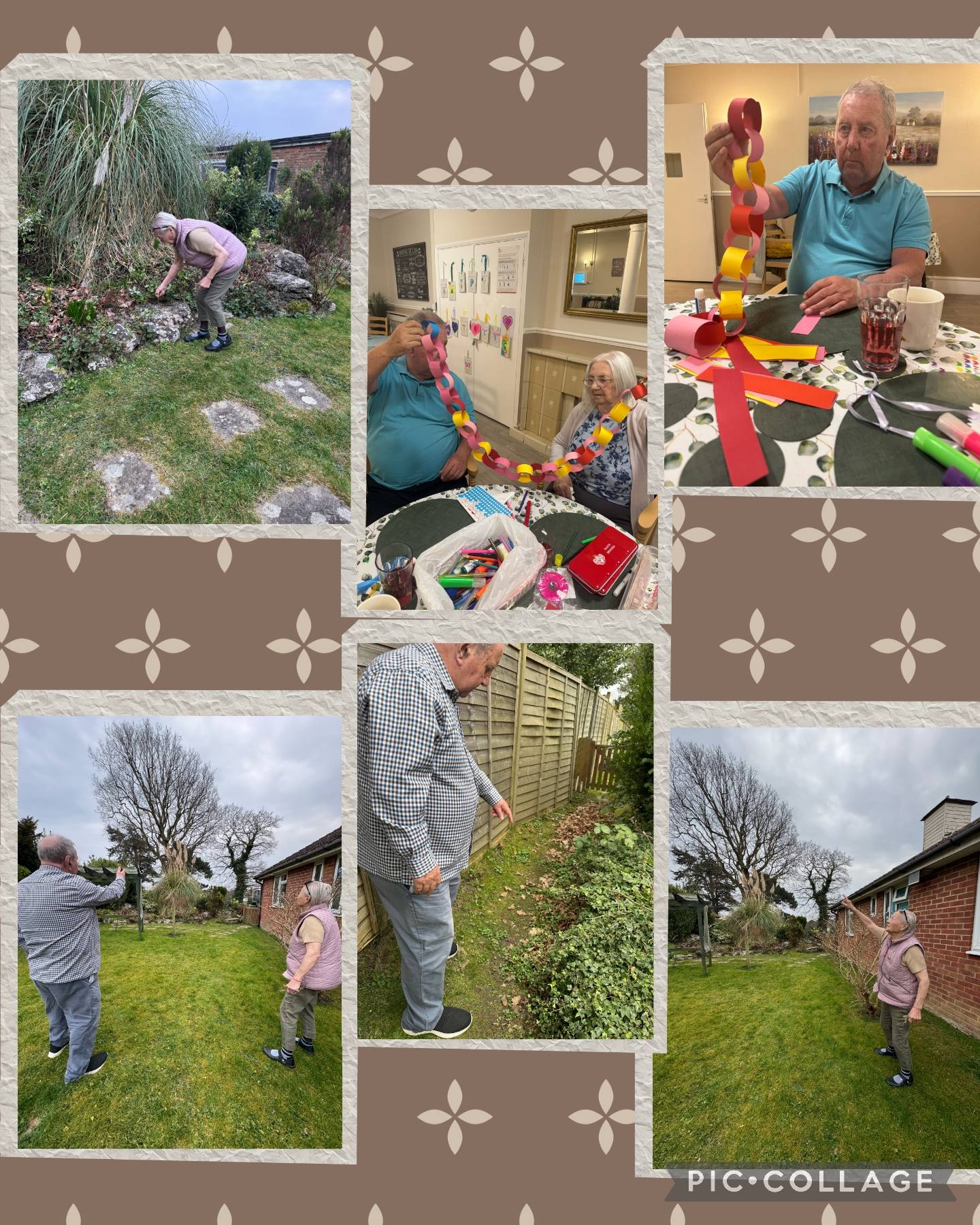 showing older adults spending time outdoors in a garden and indoors doing a craft activity