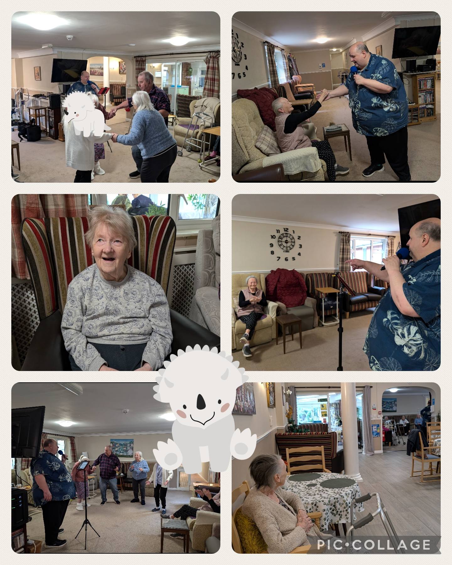 Care home residents enjoying a live music performance, with dancing, clapping, and smiles.