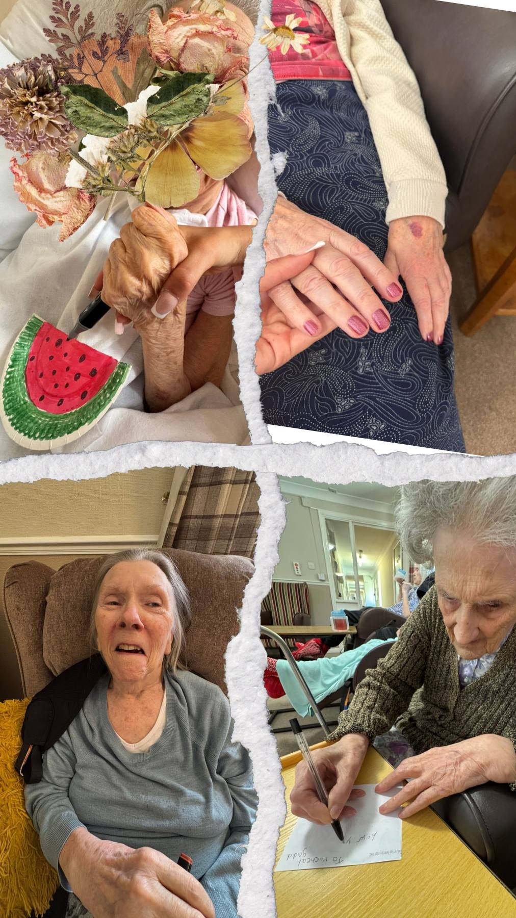 Residents enjoying crafts, pampering, and creative activities.
