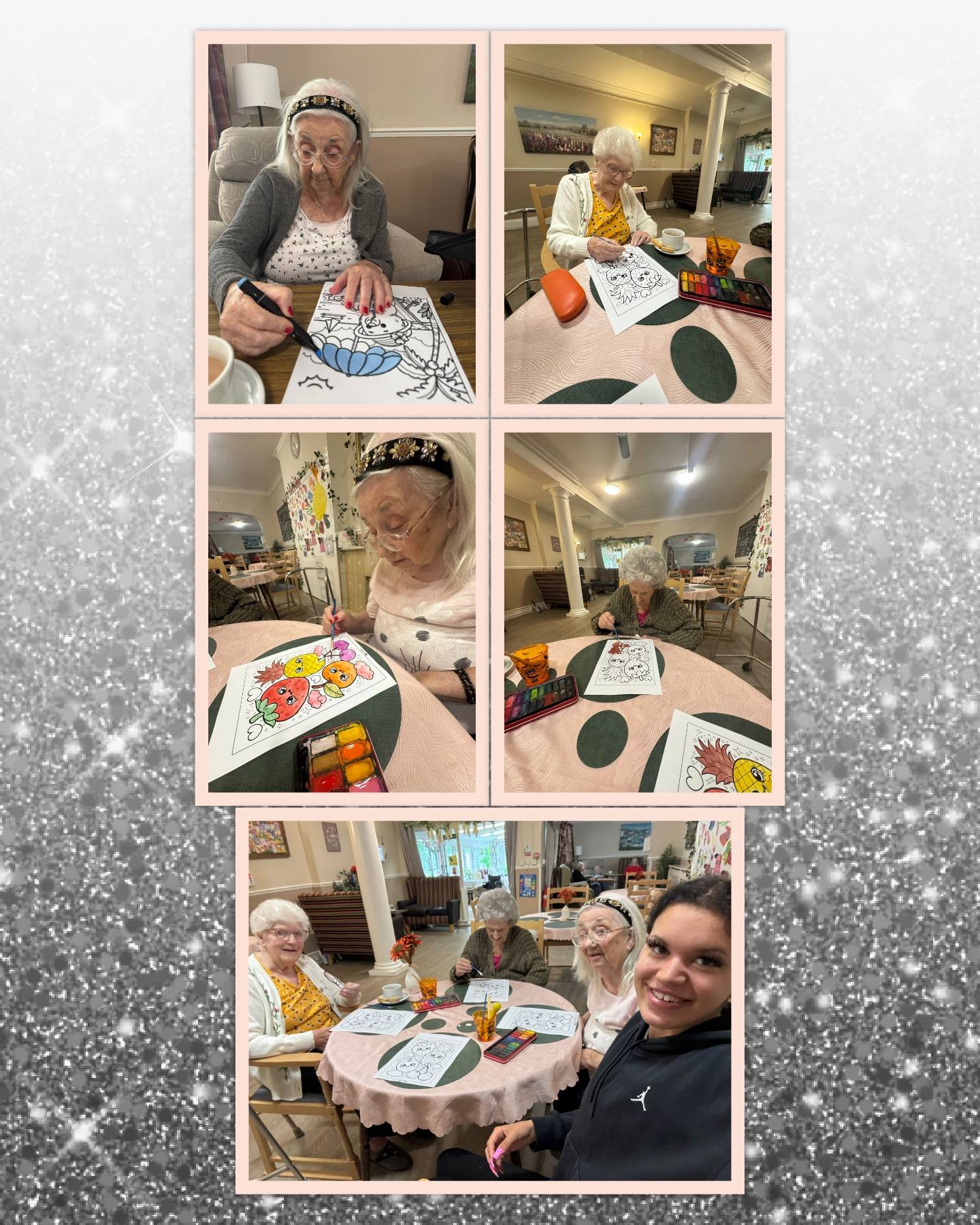 Residents enjoying a relaxing colouring activity together