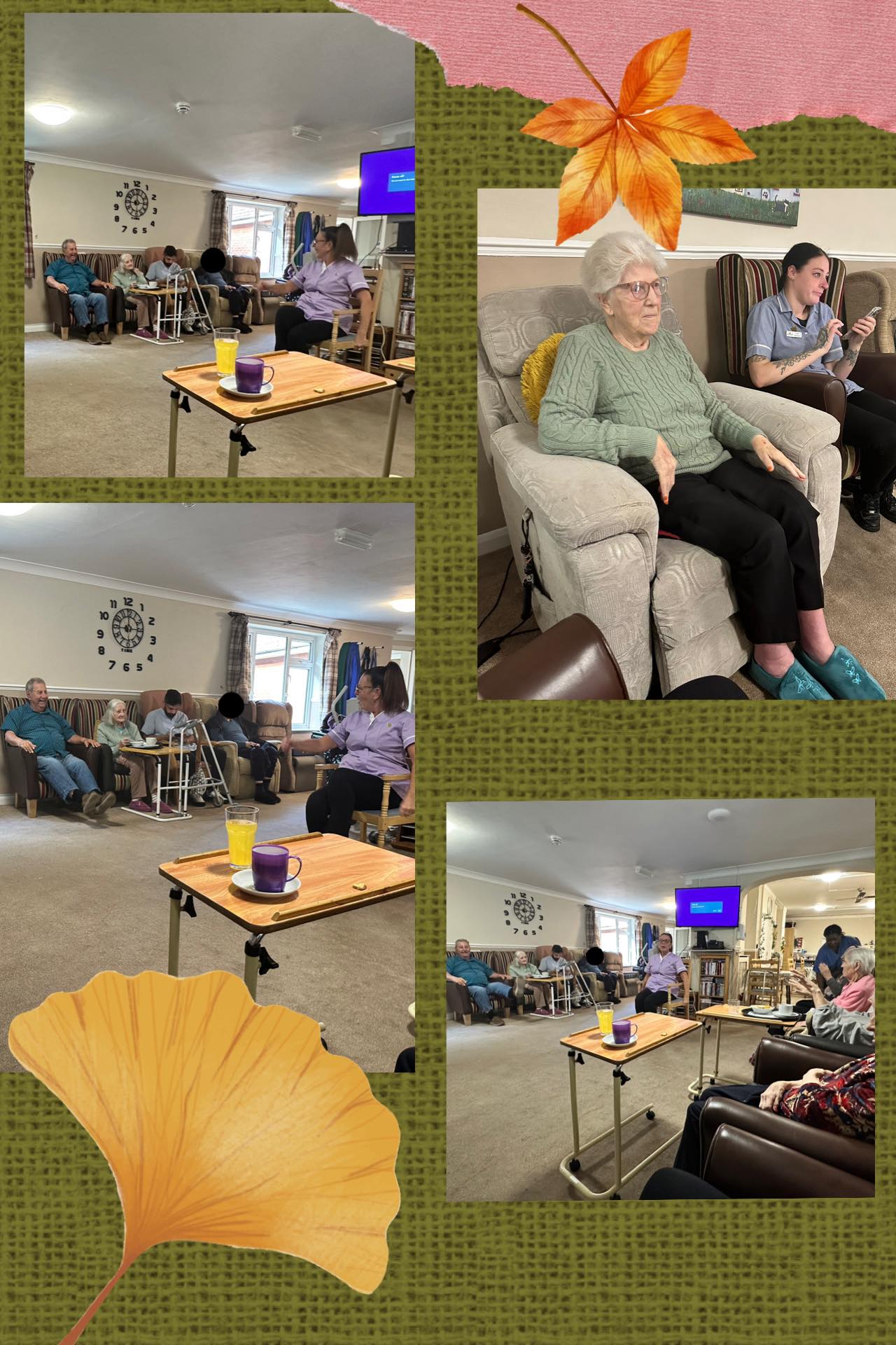 Elderly group session with staff guidance indoors