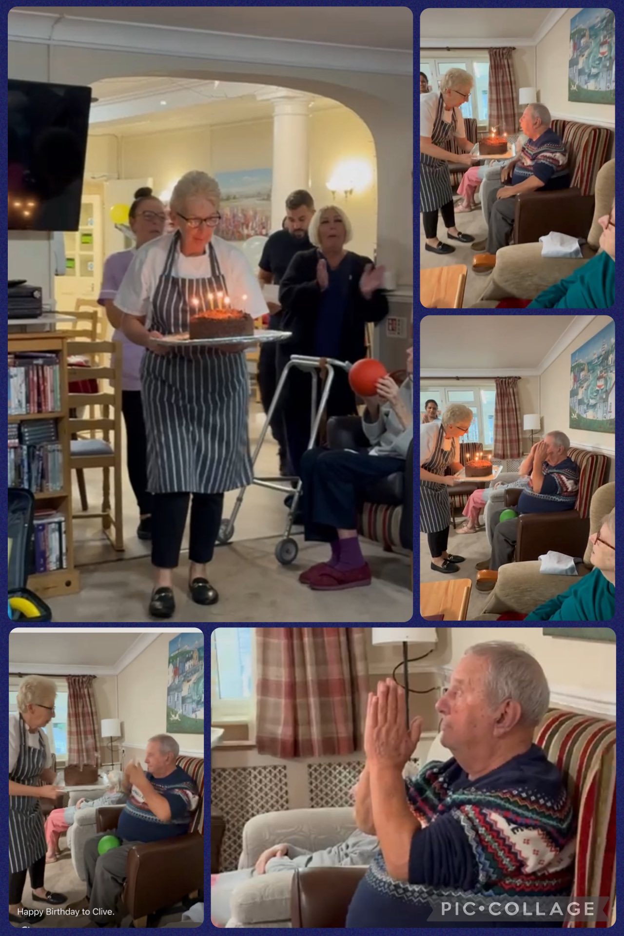 Staff and residents celebrate a birthday with cake and candles