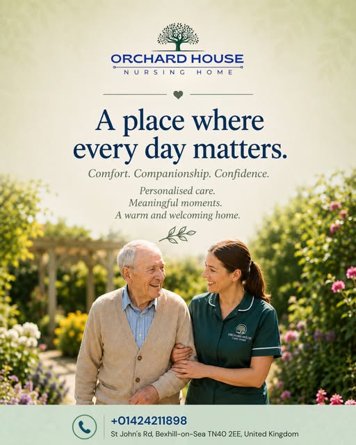 Elderly resident walking arm in arm with a friendly carer in the Orchard House Nursing Home garden, with the message "A place where every day matters.