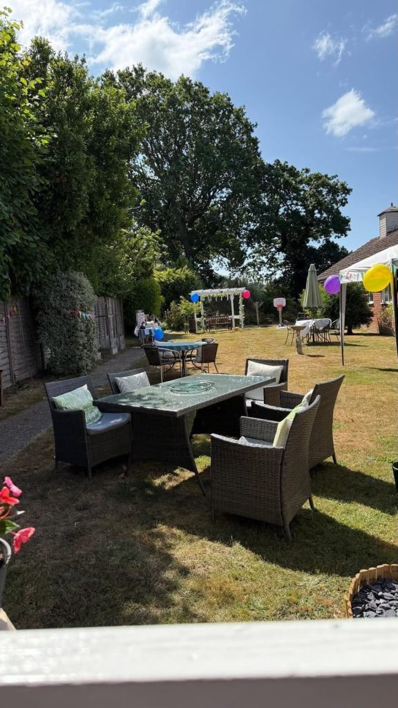 Decorated care home garden ready for a summer fete