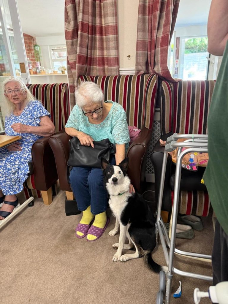 Elderly resident enjoying time with a therapy dog